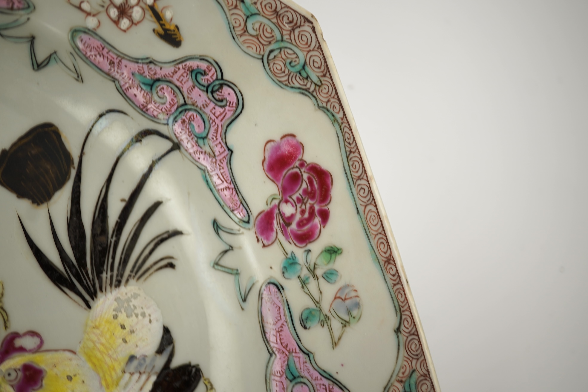 A pair of Chinese famille rose ‘cockerel’ octagonal plates, Yongzheng period